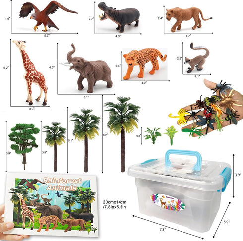 QuarenDen 49Pcs Rainforest Figures, Model Scenery Kit, Jungle Animals Figures, Model Trees and Animals, Boys and Girls
