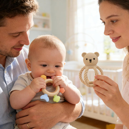 3Pcs Set 3-12 Baby Silicone Teether Toy - Food-Grade Silicone Teething Relief Toys,Wooden Ring Teether Cute Bear Toy