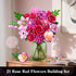 Set 21 832PCS CUBIMANA Flowers Bouquet Building with LED - Rose Red Botanical Collection Kit for Adults Women
