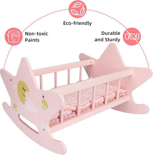 Set, 3+ Offelec Wooden Baby Doll Crib Pink Baby Doll Bed Toys, Rocking Baby Doll Cradle Accessories, Play Cradle