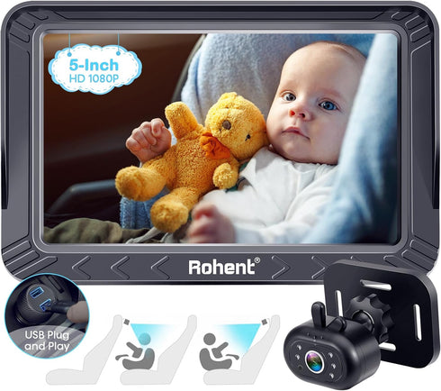 Rohent Baby Car Camera - 5-Inch HD 1080P, Night Vision, Easy Install, Rear