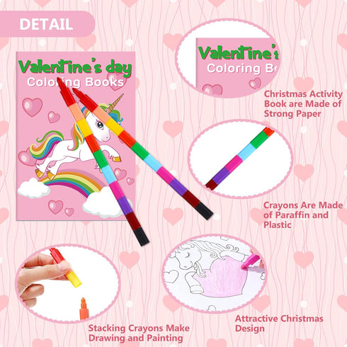 28 28 Funrous Pcs Valentine's Day Coloring Books for Kids Bulk with Stacking Crayons Valentines Activity Books