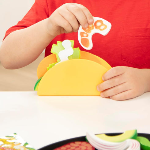 Melissa & Doug Fill & Fold Taco & Tortilla Set, 43 Pieces – Sliceable Wooden Mexican Play Food, Skillet - FSC Certified