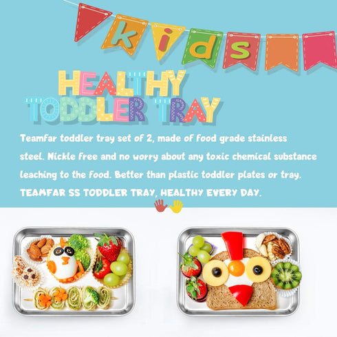 TeamFar Kids Plates, 7.3"×5.3"×0.8", Stainless Steel Plates for Kids, Metal Toddler Plate Tray Set, Dishwasher Safe