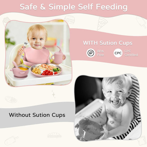 Bathchef Set Set Safe,6pcs,Pink Toddler Plates and Bowls Stainless Steel - Baby Feeding Strong Suction, BPA Free