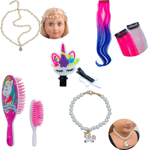 18 inch Doll Hair Accessories for American OG Girl Doll Hair Brush Rainbown Unicorn Kit Accessories Doll Hair Styling Head for Girls Gifts(No Doll)