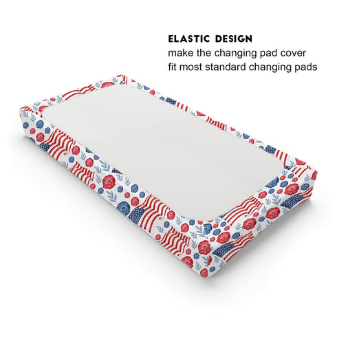 American Flag Blue Red Floral Diaper Changing Pad Covers, 32''x16'' Patriotic for Boy Girl, Soft Breathable Sheets