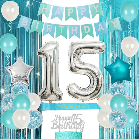 15th Birthday Decorations Teal Blue, Happy Birthday Banner, Sash, Number 15 Star Foil Balloons for Party Supplies