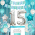 15th Birthday Decorations Teal Blue, Happy Birthday Banner, Sash, Number 15 Star Foil Balloons for Party Supplies