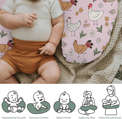 Cute Chicken Boho Floral Baby Nursing Pillow Covers for Boy Girl Chickens Flowers Leaves Nursery Slipcovers