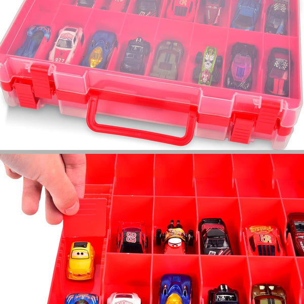 ALCYON Double Sided Toy Storage Organizer Case for Hot Wheels, Matchbox Cars, Mini Toys, 48 Compartments - Red