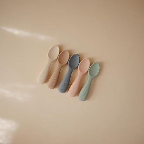 mushie Silicone Toddler Starter Spoons, 2 Pack, Cambridge Blue/Shifting Sand