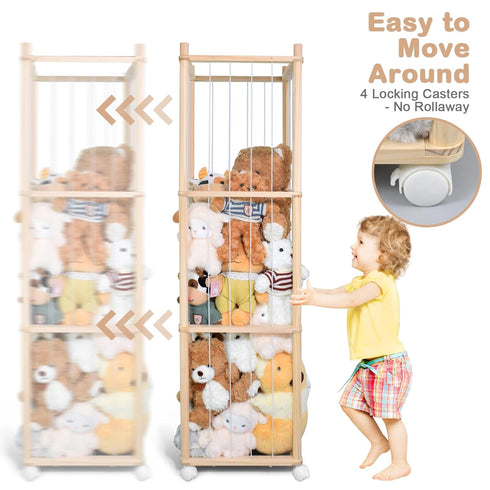 BENCHRY Bedroom-54.3 Inch Stuffed Animal Storage, Wood Stuffed Animal Zoo Storage with Brake Wheels, Space Save Toy