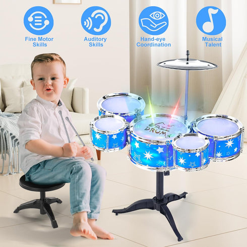 Kids Drum Set for Toddlers - Musical Gifts Toys with Light, Drum Kit for Beginner Music Practice, Christmas Birthday