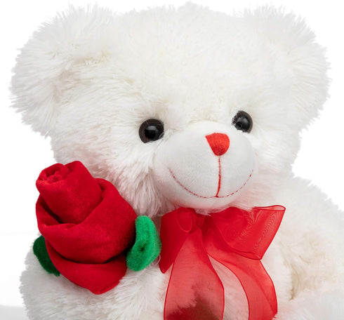 12 Inches HollyHOME Teddy Bear Stuffed Animal Rose Bear with Red Bow Soft Plush Toy Holiday Toy Gift White