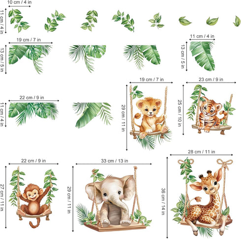 wondever Jungle Animal on Swings Wall Stickers Baby Lion Elephant Giraffe Tropical Leaves Peel and Stick Wall Art