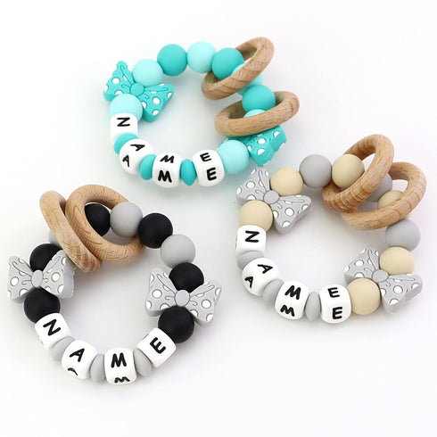 Personalized Baby Teether Ring with Name Custom Silicone Rattle Teething Bracelet with Natural Beech Wood Customizable