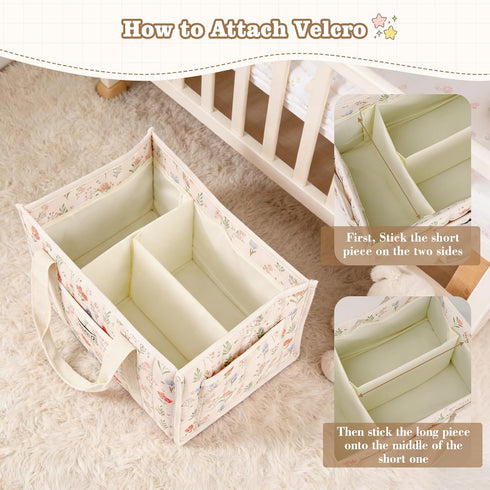SEISSO Diaper Caddy Organizer with Handle, Portable Baby Gift Basket, Floral Diaper Organizer Nursery Storage Bag