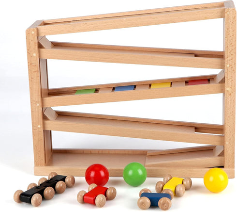 Qilay Wooden Race Track Car Ramp Racer Toy for Toddlers, 5 Level Race Car Ramp Set with 4 Wood Cars and 3 Balls, Great
