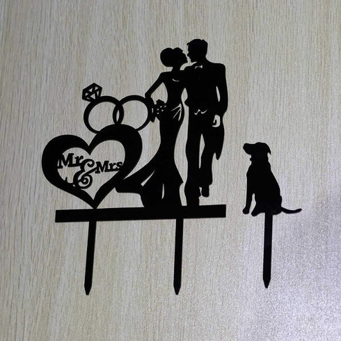 Wedding Couple Kiss Mr&Mrs Heart Diamond Ring Cake Topper – Bride and Groom with Dog Silhouette Cake Topper, Black