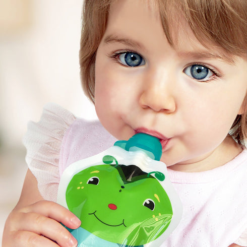 ChooMee SoftSip Food Pouch Tops, 4 Colors + Purple Case to Prevent Spills and Protect Child's Mouth