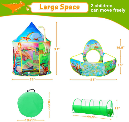 3pc Dinosaur Play Tent for Boys - Ball Pit, Crawl Tunnel, Play Tents for Toddlers, Indoor & Outdoor Play House Toys