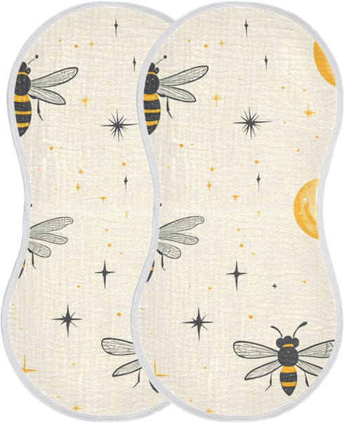 decor gift 4 Pack 22x11in Cotton Muslin Baby Burp Cloths Soft Touch Bees Beige Moon Stars Starry Feeding Cloth