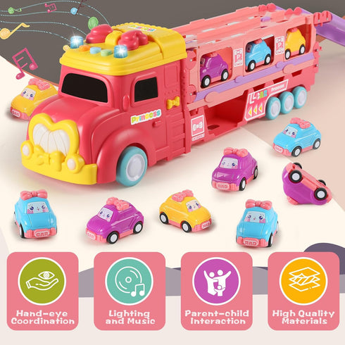aruemp 12 1 2-Player 3 in Princess Carrier Truck with Girls Car Toys, Race Mode Friction Power Toy Cars with Light