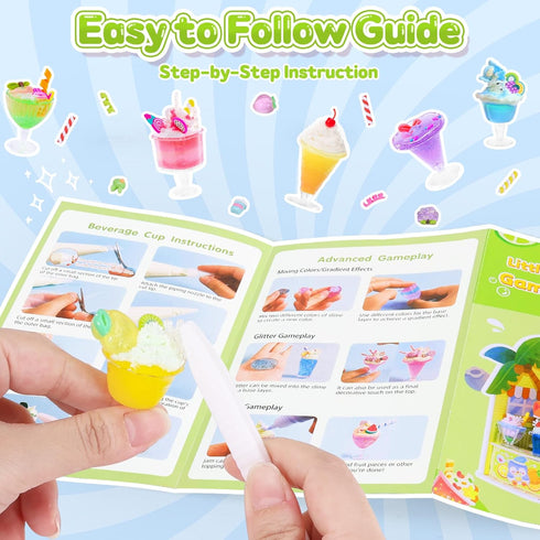 24 Set, 8+ Crelloci DIY Mini Drink Shop Toy, Making Miniature Juice Drinks Cream Material Kit, NOT Edible, Collectible