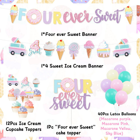Four Ever Sweet Ice Cream Donut Party Decorations | Banner, Cake, Cupcake Toppers, Macaron, Balloons for Kids' Party