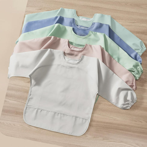 4 Pack POIKSHARK Long Sleeve Bib, Reusable Bib with Catch-all Pocket