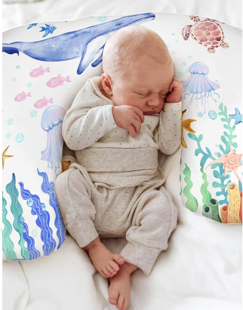 Colorful Ocean Animals Baby Nursing Pillow Covers for Boy Girl Whale Turtle Jellyfish Sea Horse Weeds Nursery