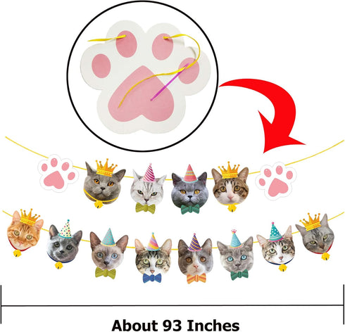 TSJ 14PCS Cat Birthday Banner, Kitty Cat Theme Party Bunting Decoration for Cat Party Favors