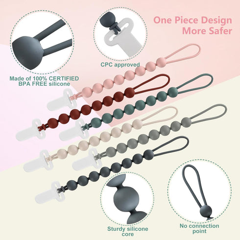 6-Pack Silicone Pacifier Clips for Babies, Safe Teething Beads, Rust-Free Holders, Baby Boy and Girl Essentials