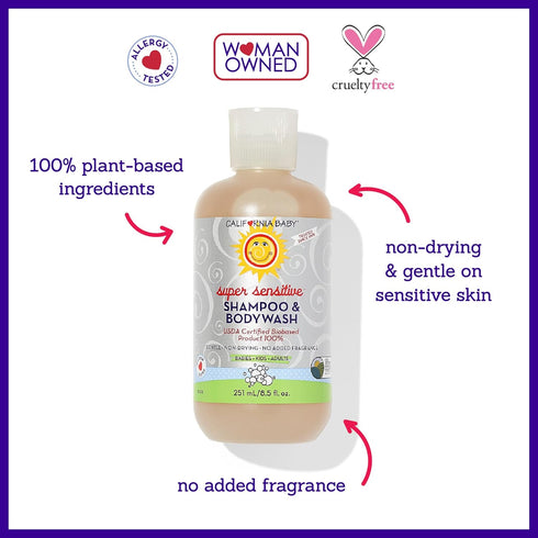 California Baby Super Sensitive Baby Shampoo and Body Wash | 100% Plant-Based | Gentle Fragrance Free, 251 mL