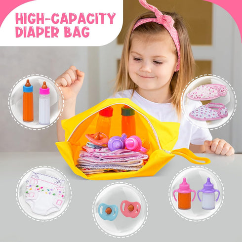 13 Pack Baby Doll Accessories, Feeding & Caring Set with Diaper Bag, Bottles, Pacifiers & Diapers