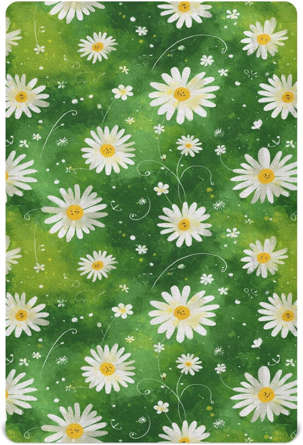 Pigsaly Crib Sheets Watercolor White Daisies Green Baby Sheet for Standard Crib Mattress