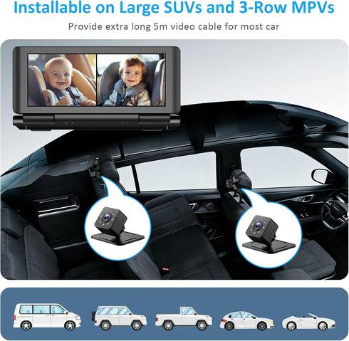 Shynerk Baby 2 6.86" 1080P Baby Car Camera for Kids, HD Split Screen Baby Monitor with Dual Backseat Cameras and IR