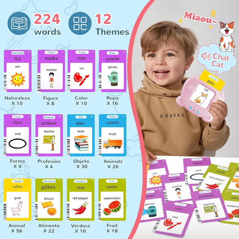 Spanish & English Talking Flash Cards for Toddlers 2-6 Years Old, Montessori Learning Toys with 224 Sight Words