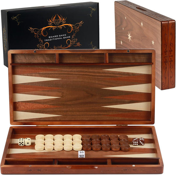 Syrace Handcrafted Wooden Backgammon Set, 16" Large Size, Classic Two-Player Strategy Board Premium