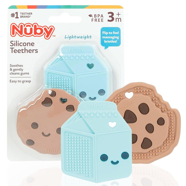 Nuby All Silicone Chocolate Chip Cookie & Milk Carton Teether, 2 Pack, 3+ Months