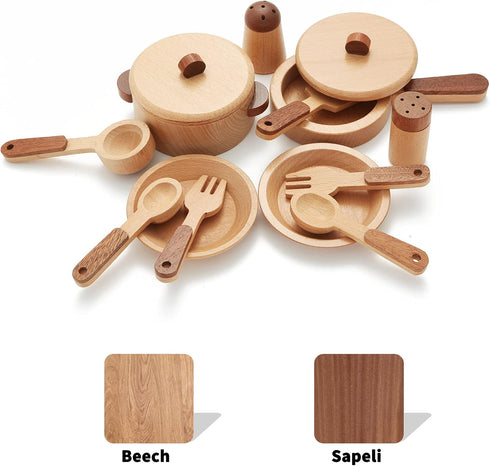 WHOHOLL Wooden Toys Play Kitchen Accessories - Montessori Toys for Toddlers, Play Dishes & Food Playset for Kids
