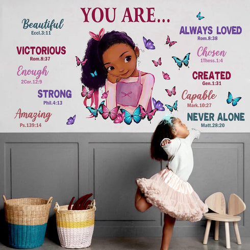 Yovkky Black Girl Religious Butterfly Wall Decal Sticker, Positive Saying You are Beautiful Nursery Decor,