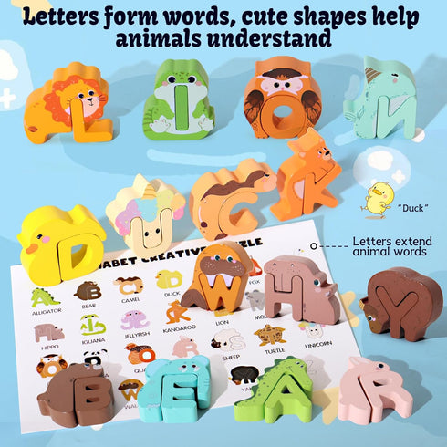 BESTAMTOY 52 3-5, Pieces Matching Game, Wooden Alphabet Animal Puzzles for Toddlers, ABC Peg Puzzles for Kids Ages