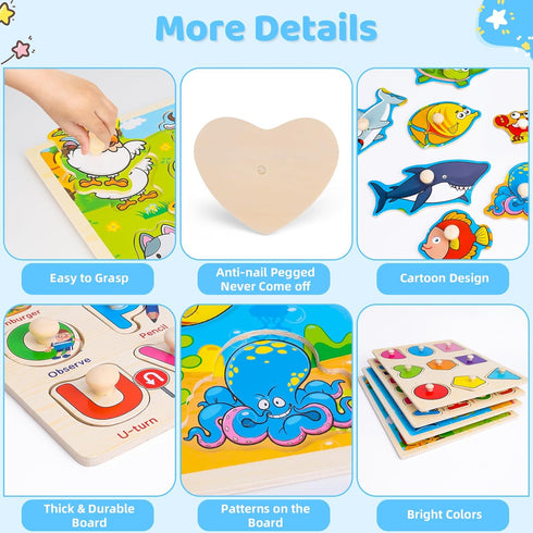 Peacurh 2 3 4 4 Pack 1-3 Wooden Peg Puzzles for Toddlers Year Old, Montessori Toys Preschool Learning Puzzles