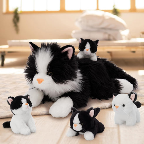5Pcs Set, 20 inch 4 Tezituor Cat Stuffed Animals Large Realistic Stuffed Cat with Cute Kittens Baby, Soft Black