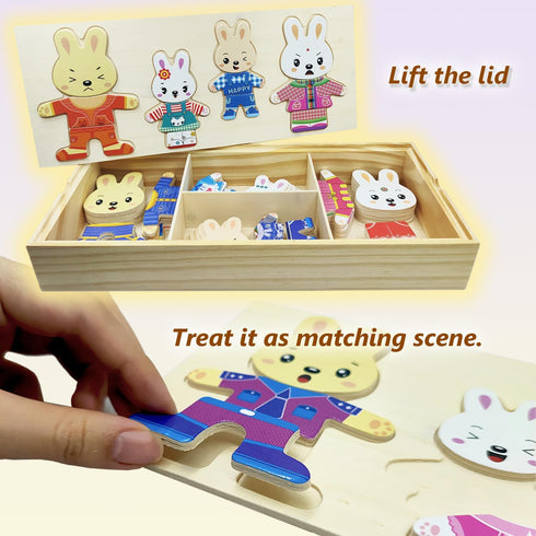 Wooden Bunny Family Dress-up Puzzle Box for Toddlers (72pcs) - Change Clothes Puzzle Games for Kids Ages 3+