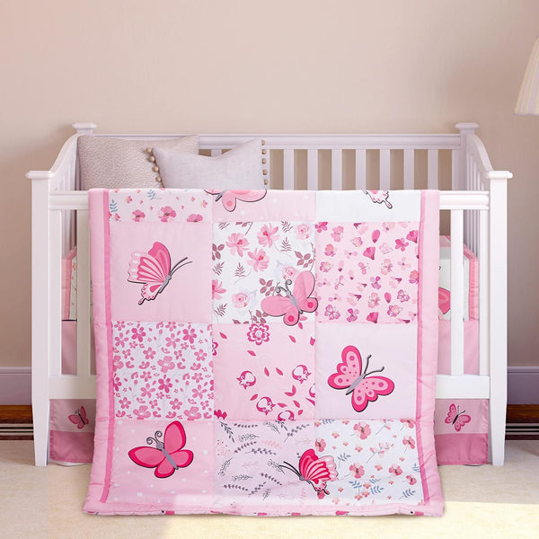 Tudomro 3 Pieces Butterfly Nursery Crib Bedding Set for Girls, Standard Size