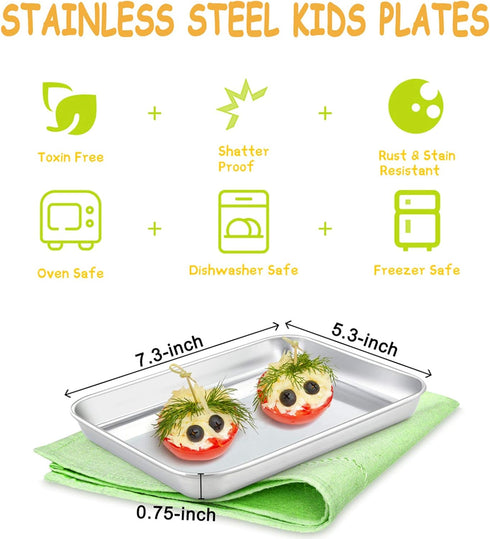 E-far Stainless Steel Kids Plates, 4 Pieces Mini Metal Dinner Dish Set for Kids Toddler Child, 7.3” x 5.3” x 0.75”, Non-Toxic & & Dishwasher Safe, Great for Self-Feeding/Picnic/Outdoor Camping by E-far