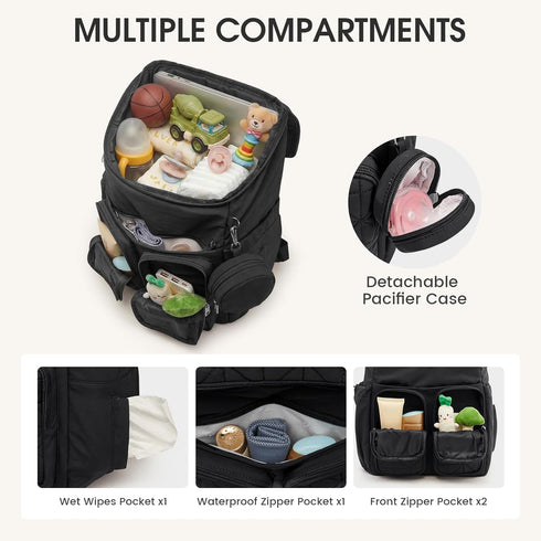 G4Free Backpack Diaper Bag for Moms Dads Travel Baby Bag with Pacifier Case & Insulated Pockets,Black